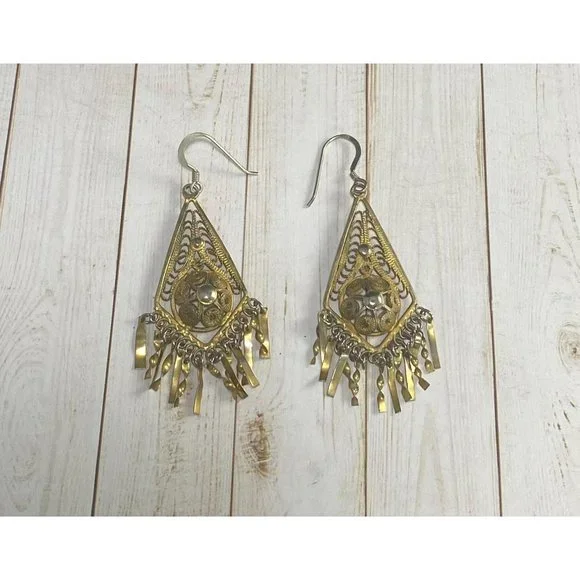Vintage Victorian Filigree Dangle Earrings Vermeil Tone 925 Hooks - Picture 5 of 7